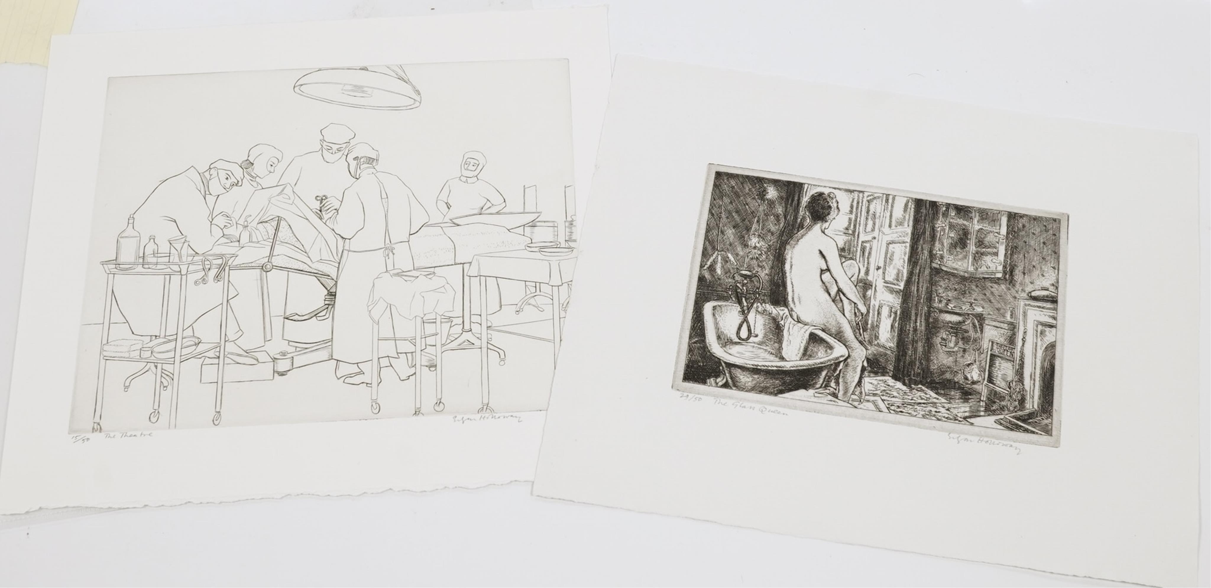 Edgar Holloway (1914-2008), two drypoint etchings; 'The Glass Queen', signed, titled and numbered 29/50, 13 x 18.5cm & 'The Theatre', signed, titled and numbered 15/50, 20 x 34cm. Condition - good, both unmounted.